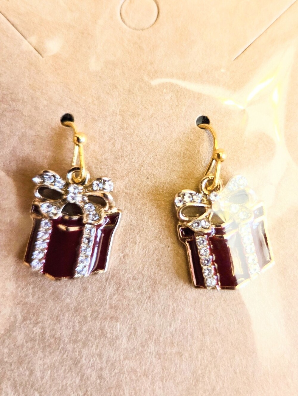 Gold-Tone Red Enamel Gift Box Drop Earrings with Rhinestone Bow
